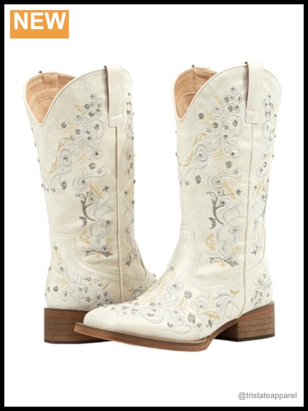 Women's Rhinestone Floral Embroidered Mid Calf Cowboy Boots Square Toe Pull On